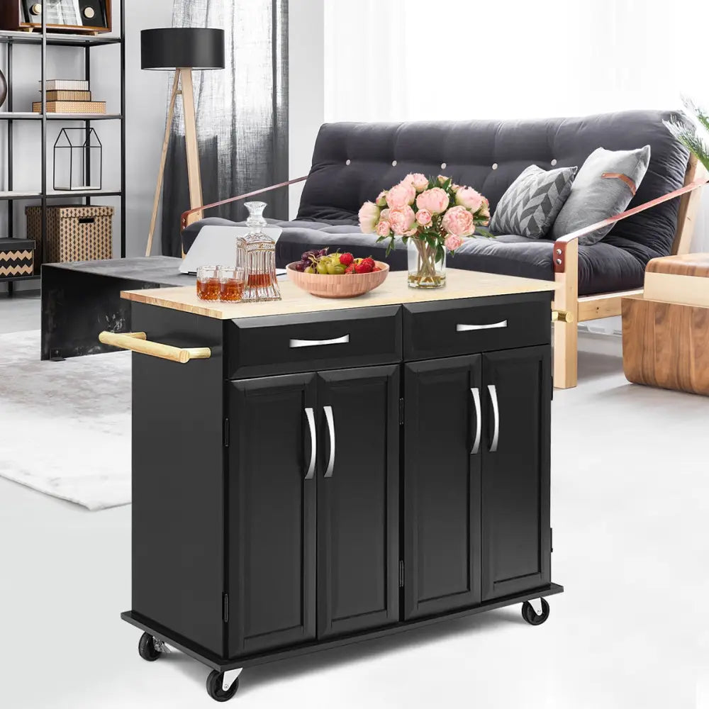 Wood Top Rolling Kitchen Trolley Island Cart Storage Cabinet-Black - Black - Kitchen Islands & Carts