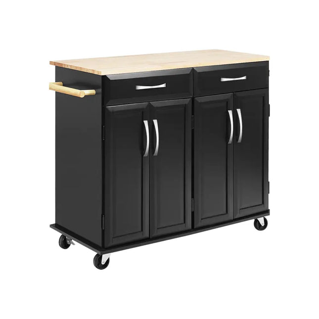 Wood Top Rolling Kitchen Trolley Island Cart Storage Cabinet-Black - Black - Kitchen Islands & Carts