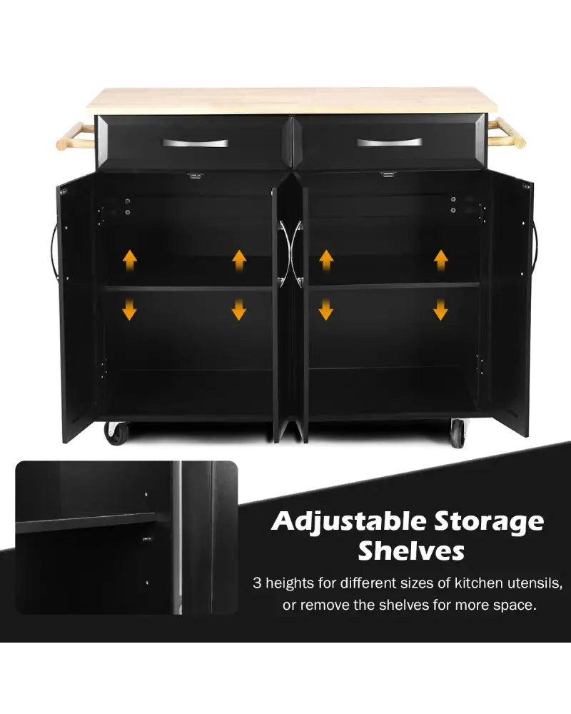Wood Top Rolling Kitchen Trolley Island Cart Storage Cabinet-Black - Black - Kitchen Islands & Carts