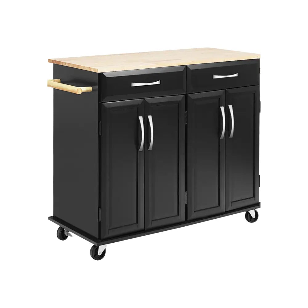 Wood Top Rolling Kitchen Trolley Island Cart Storage Cabinet-Black - Black - Kitchen Islands & Carts