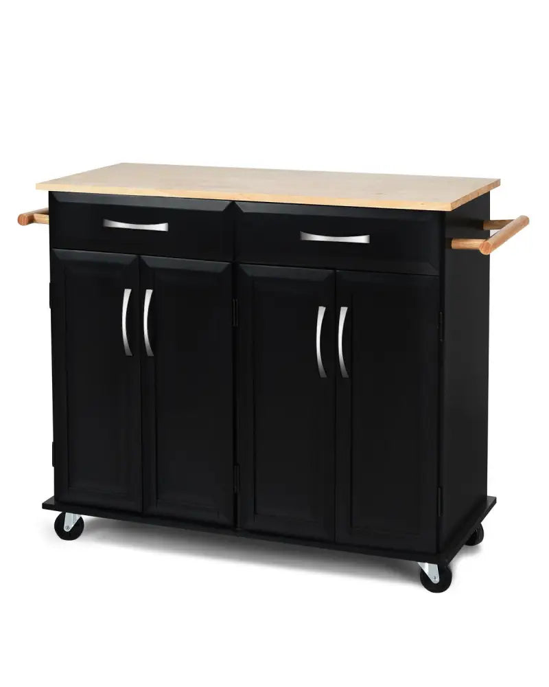 Wood Top Rolling Kitchen Trolley Island Cart Storage Cabinet-Black - Black - Kitchen Islands & Carts