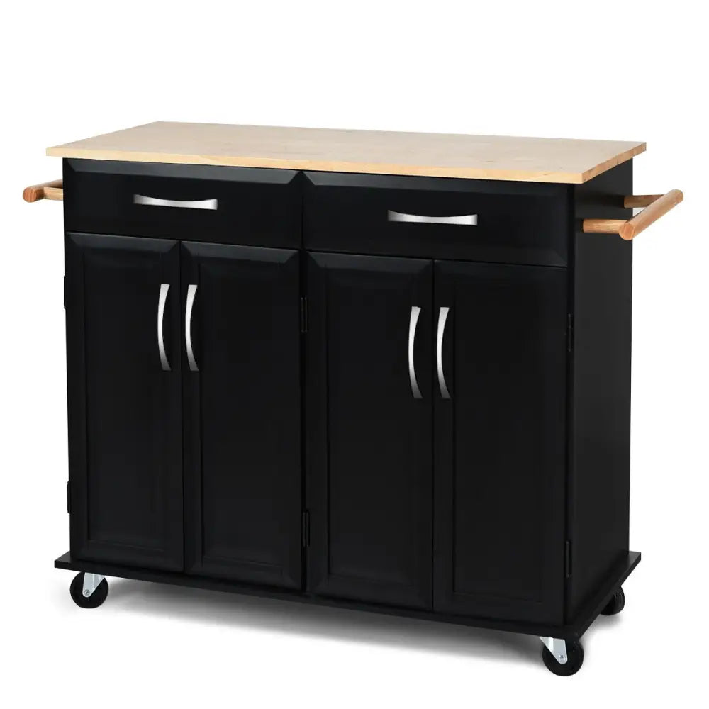 Wood Top Rolling Kitchen Trolley Island Cart Storage Cabinet-Black - Black - Kitchen Islands & Carts
