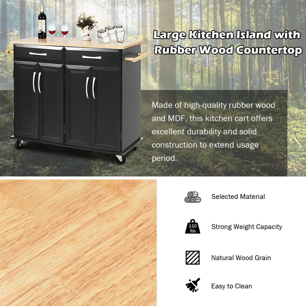 Wood Top Rolling Kitchen Trolley Island Cart Storage Cabinet-Black - Black - Kitchen Islands & Carts