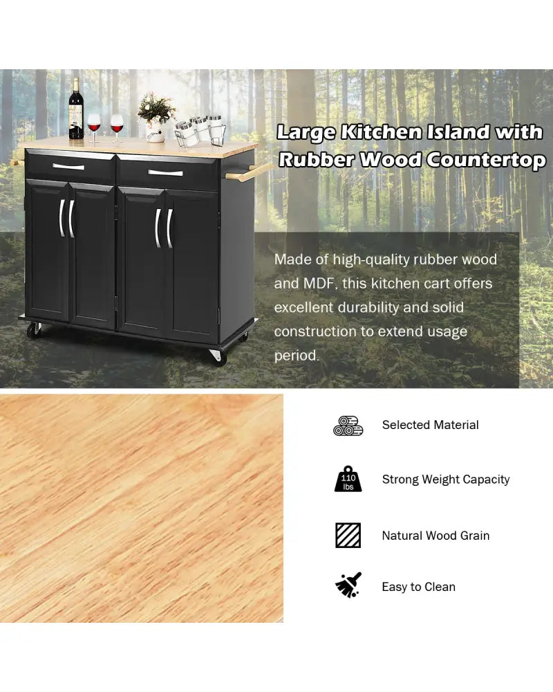 Wood Top Rolling Kitchen Trolley Island Cart Storage Cabinet-Black - Black - Kitchen Islands & Carts