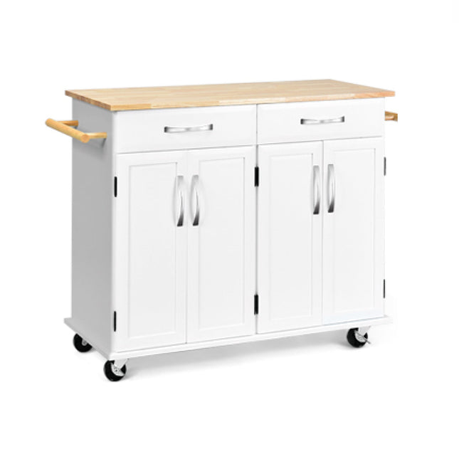 Wood Top Rolling Kitchen Trolley Island Cart Storage Cabinet-White - White - Kitchen Islands & Carts