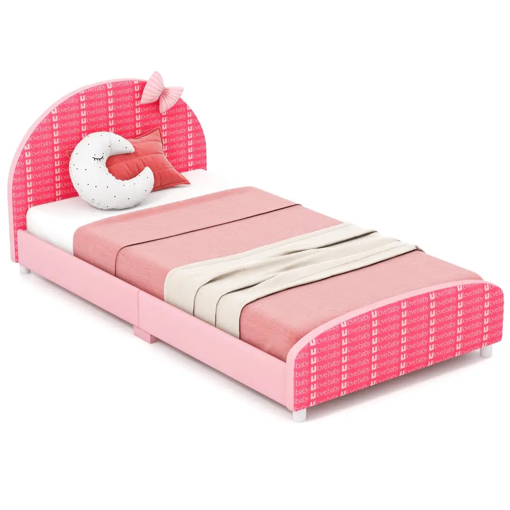Wood Upholstered Twin Bed Platform with Slat Support-Pink - Pink - Toddler Beds