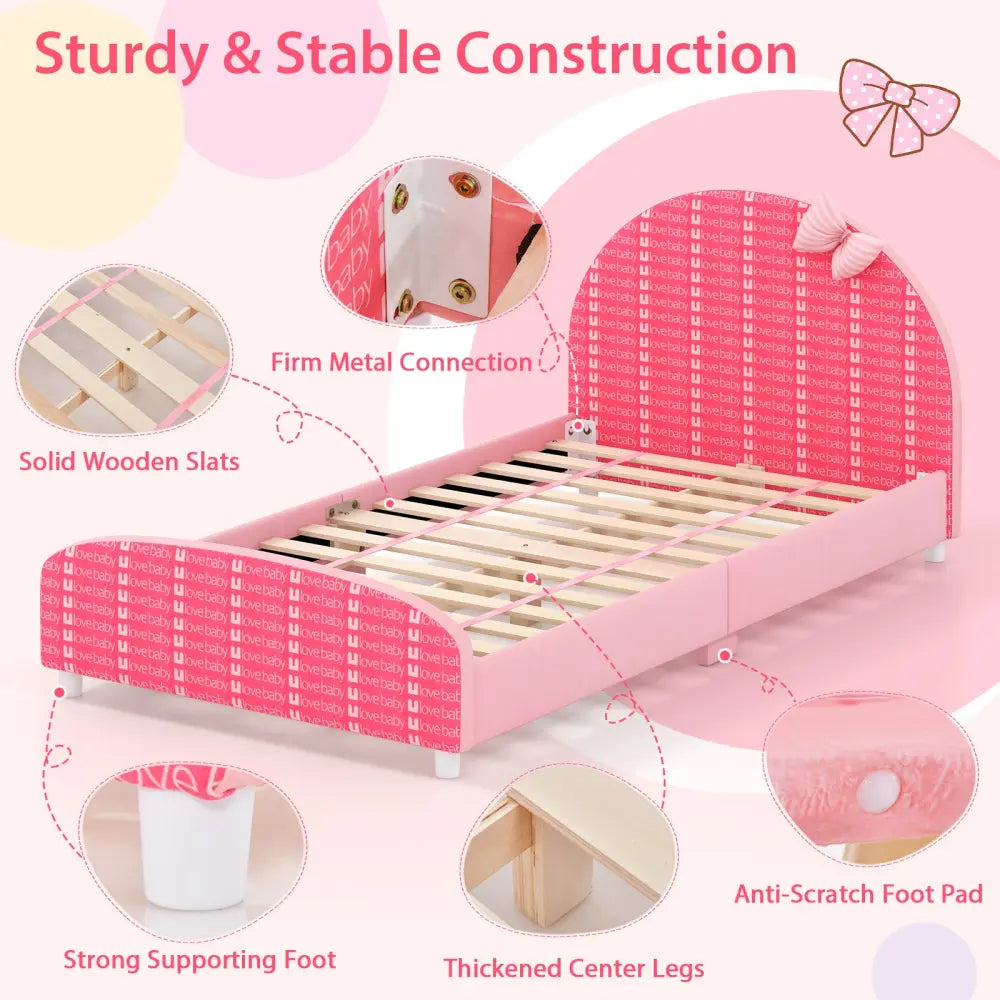 Wood Upholstered Twin Bed Platform with Slat Support-Pink - Pink - Toddler Beds
