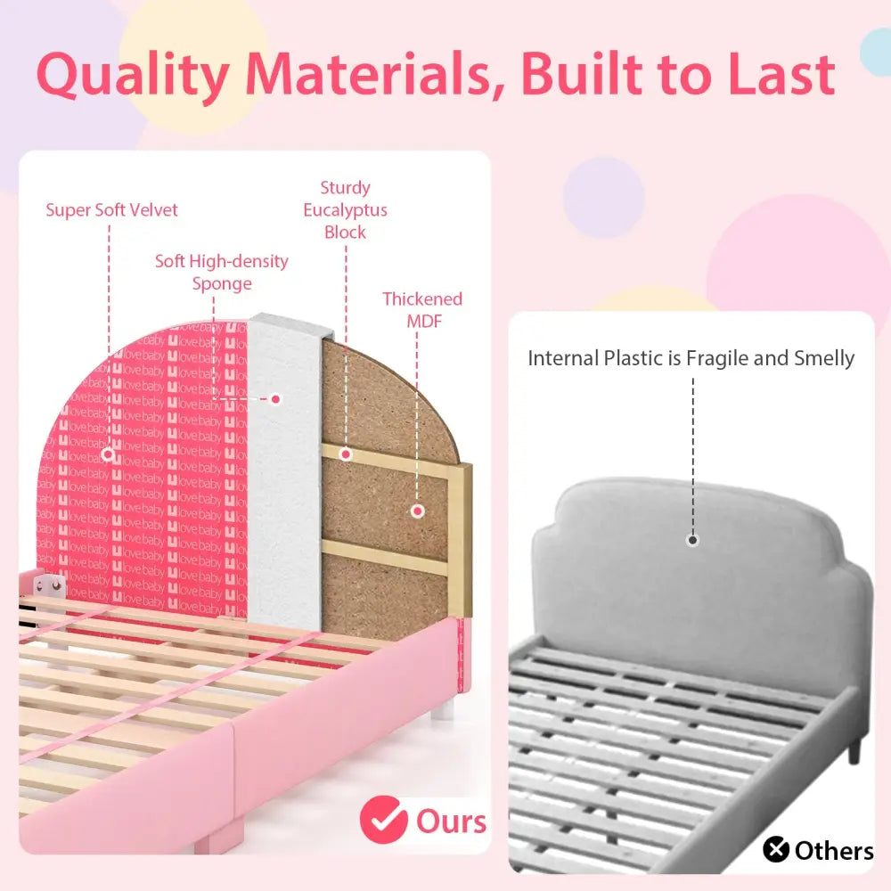 Wood Upholstered Twin Bed Platform with Slat Support-Pink - Pink - Toddler Beds
