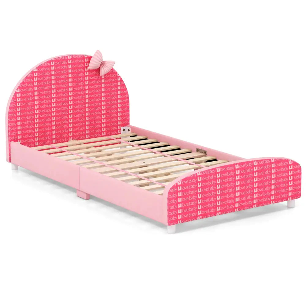 Wood Upholstered Twin Bed Platform with Slat Support-Pink - Pink - Toddler Beds