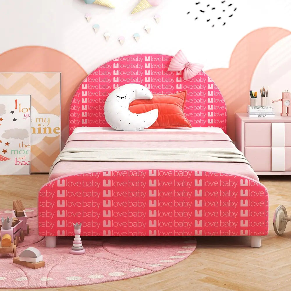 Wood Upholstered Twin Bed Platform with Slat Support-Pink - Pink - Toddler Beds