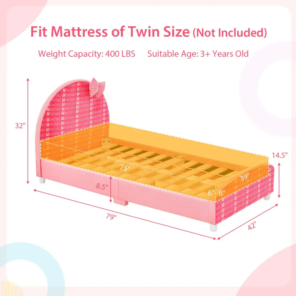 Wood Upholstered Twin Bed Platform with Slat Support-Pink - Pink - Toddler Beds