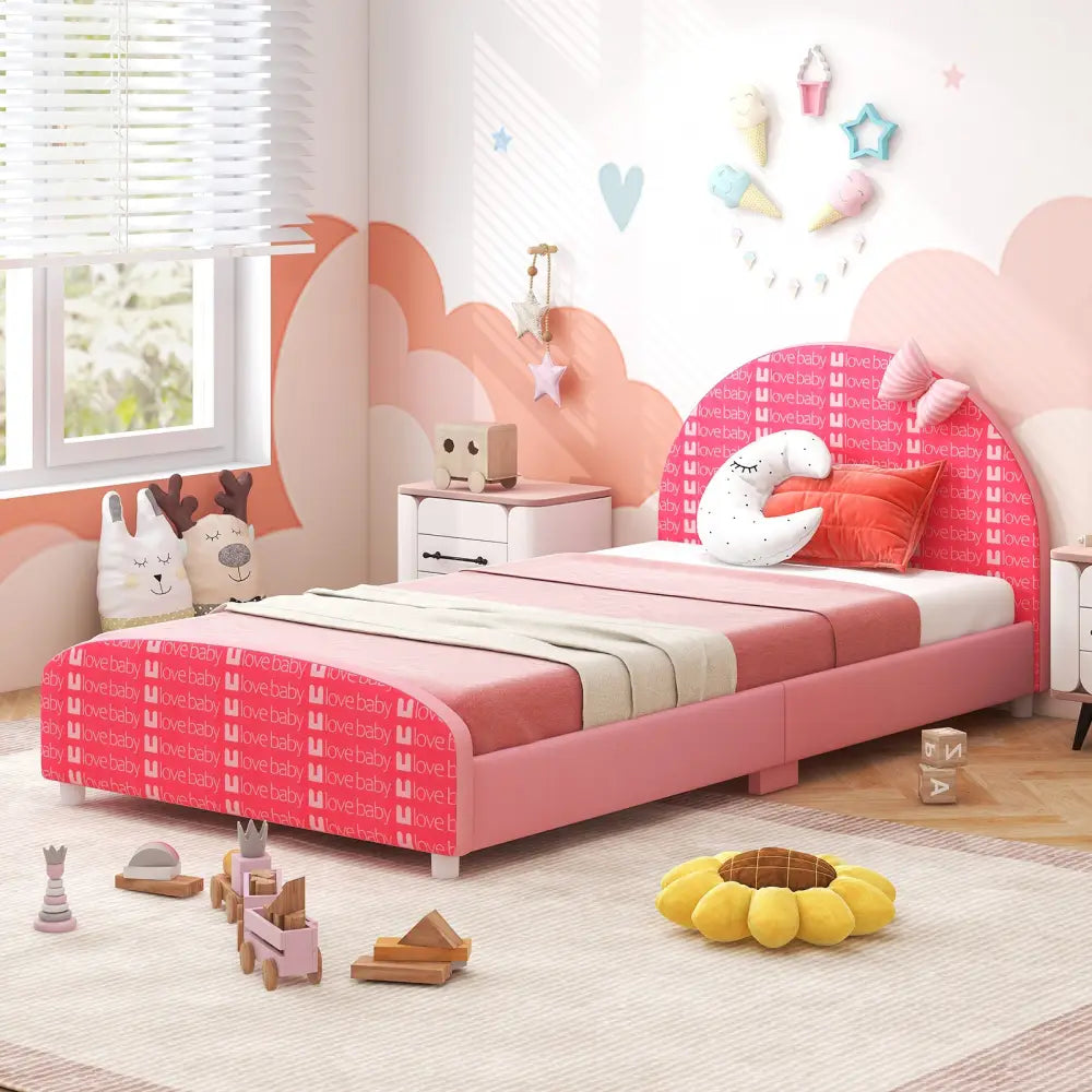 Wood Upholstered Twin Bed Platform with Slat Support-Pink - Pink - Toddler Beds