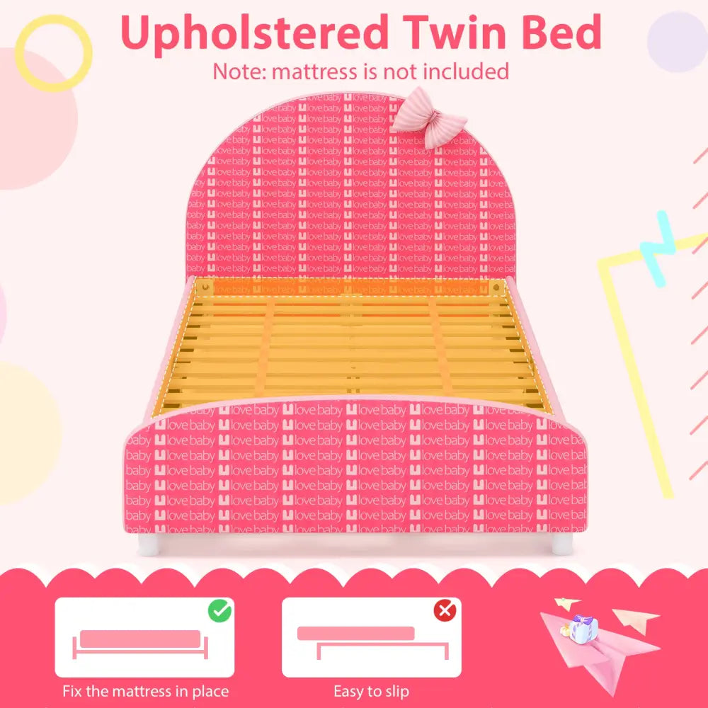 Wood Upholstered Twin Bed Platform with Slat Support-Pink - Pink - Toddler Beds
