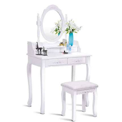 Wood Vanity Table Set with Oval Mirror and 4 Drawers for Kids Girls Women-White - White - Makeup Vanities