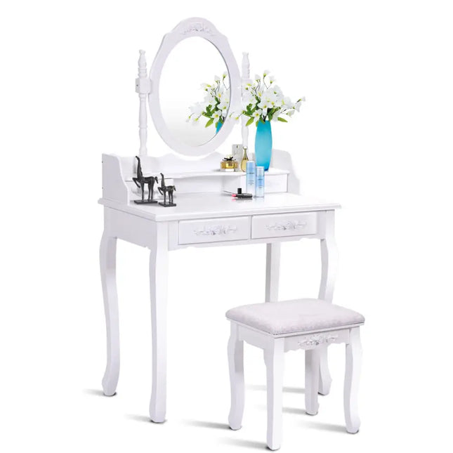 Wood Vanity Table Set with Oval Mirror and 4 Drawers for Kids Girls Women-White - White - Makeup Vanities