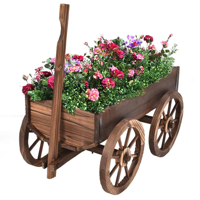 Wood Wagon Planter Pot Stand with Wheels - Natural - Raised Garden Beds