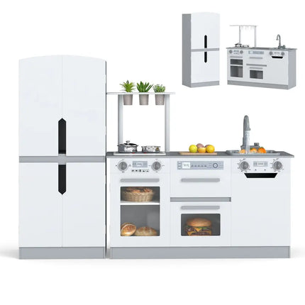 Wooden 2 Piece Kids Kitchen Playset with Fridge and Running Water - Gray - Oasis Home Essentials