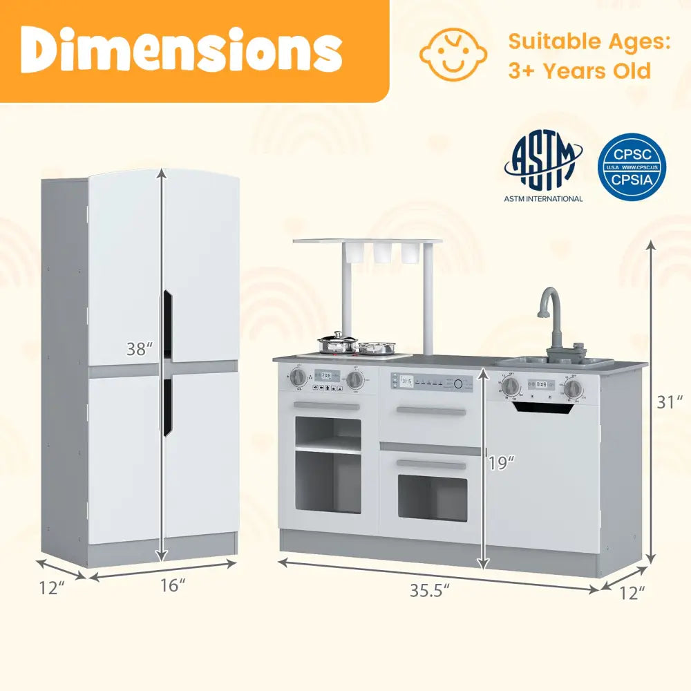 Wooden 2 Piece Kids Kitchen Playset with Fridge and Running Water-Gray - Gray - Play Kitchen Sets