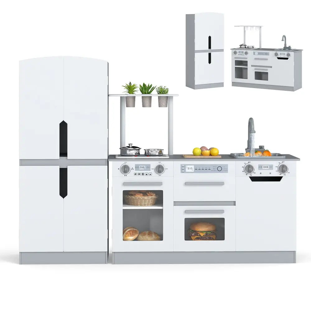 Wooden 2 Piece Kids Kitchen Playset with Fridge and Running Water-Gray - Gray - Play Kitchen Sets