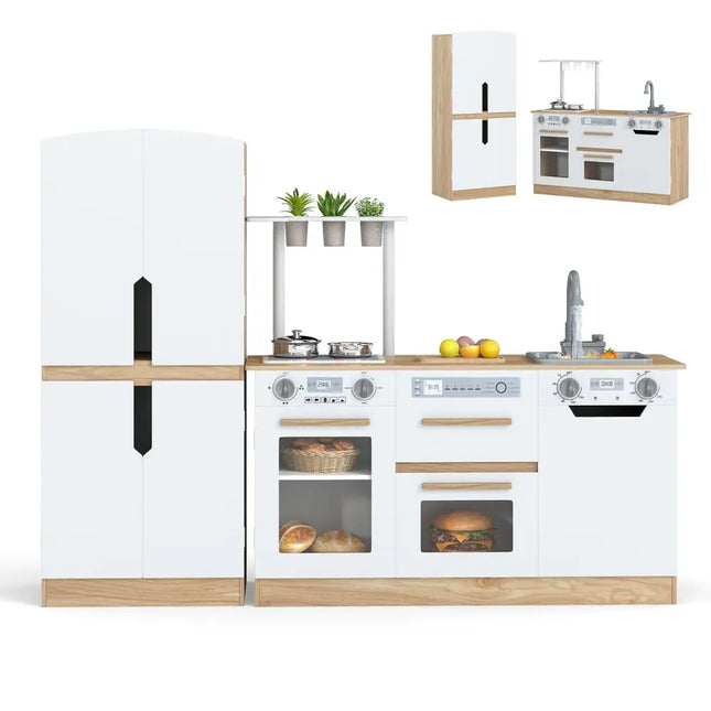 Wooden 2 Piece Kids Kitchen Playset with Fridge and Running Water - Natural - Oasis Home Essentials