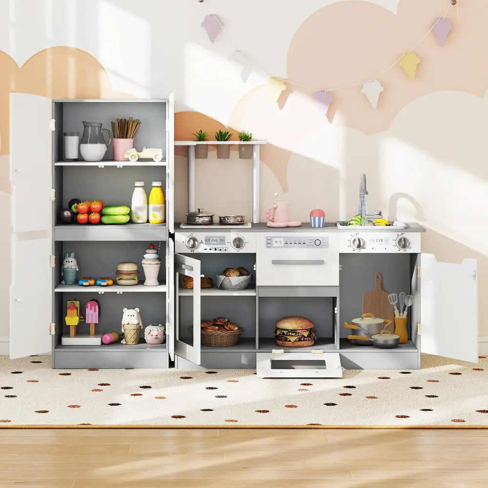 Wooden 2 Piece Kids Kitchen Playset with Fridge and Running Water-Gray - Gray - Play Kitchen Sets