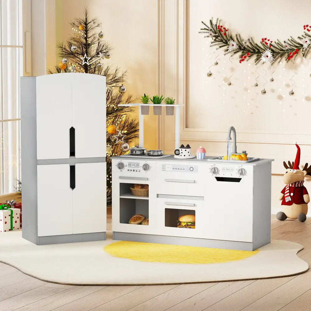 Wooden 2 Piece Kids Kitchen Playset with Fridge and Running Water-Gray - Gray - Play Kitchen Sets