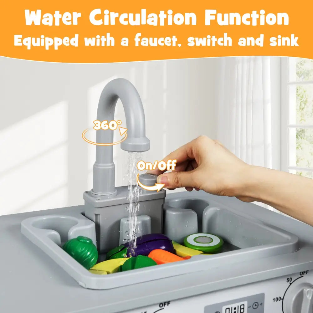 Wooden 2 Piece Kids Kitchen Playset with Fridge and Running Water-Gray - Gray - Play Kitchen Sets