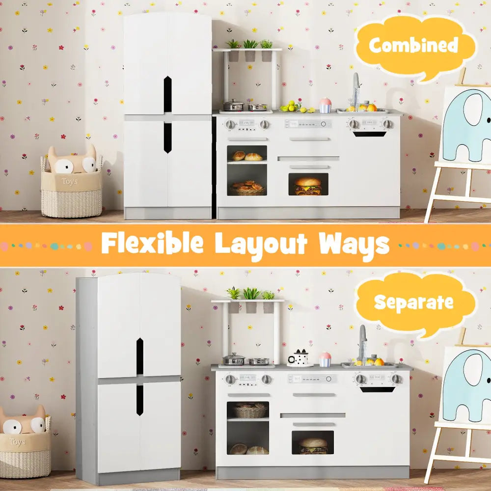 Wooden 2 Piece Kids Kitchen Playset with Fridge and Running Water-Gray - Gray - Play Kitchen Sets