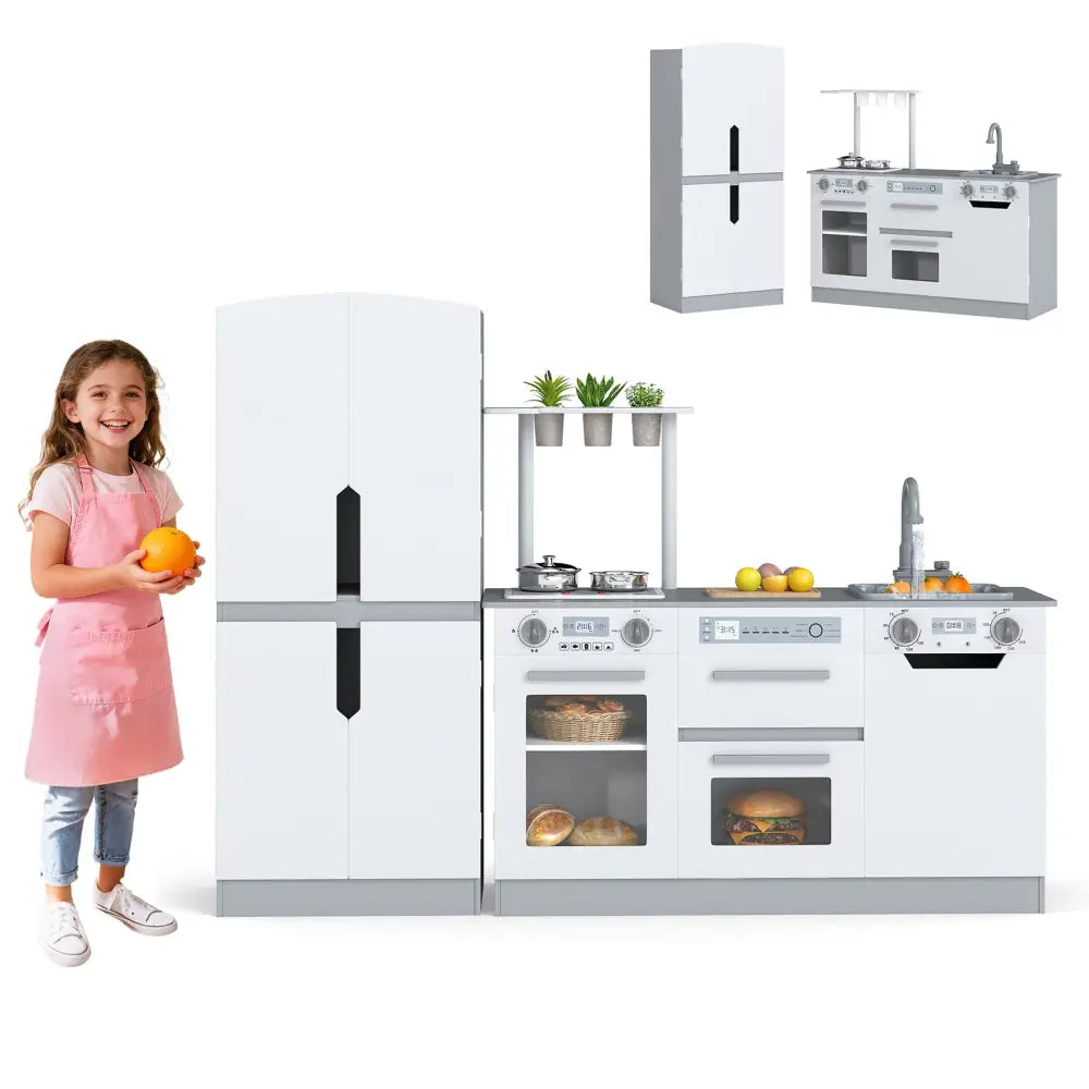 Wooden 2 Piece Kids Kitchen Playset with Fridge and Running Water-Gray - Gray - Play Kitchen Sets