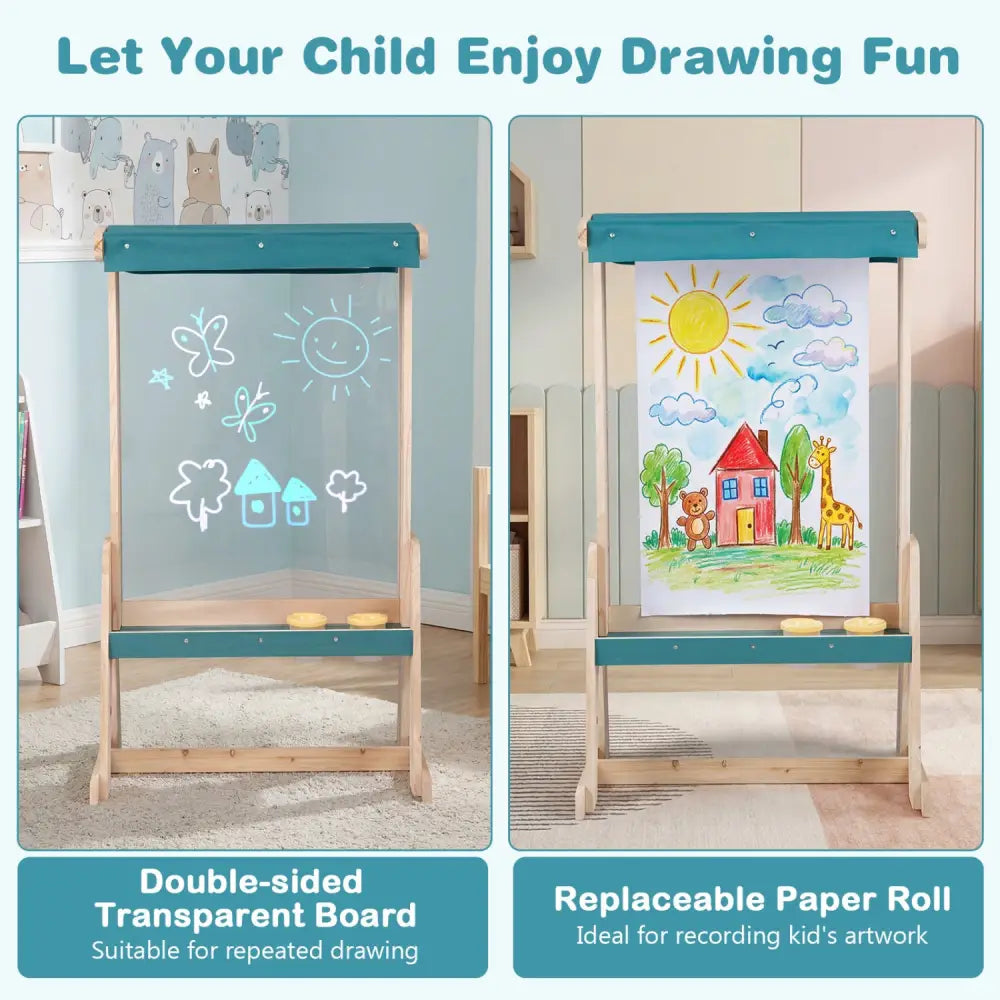 Wooden Art Easel for Kids with Transparent Board and Paper Roll-Natural - Natural - Art Easels