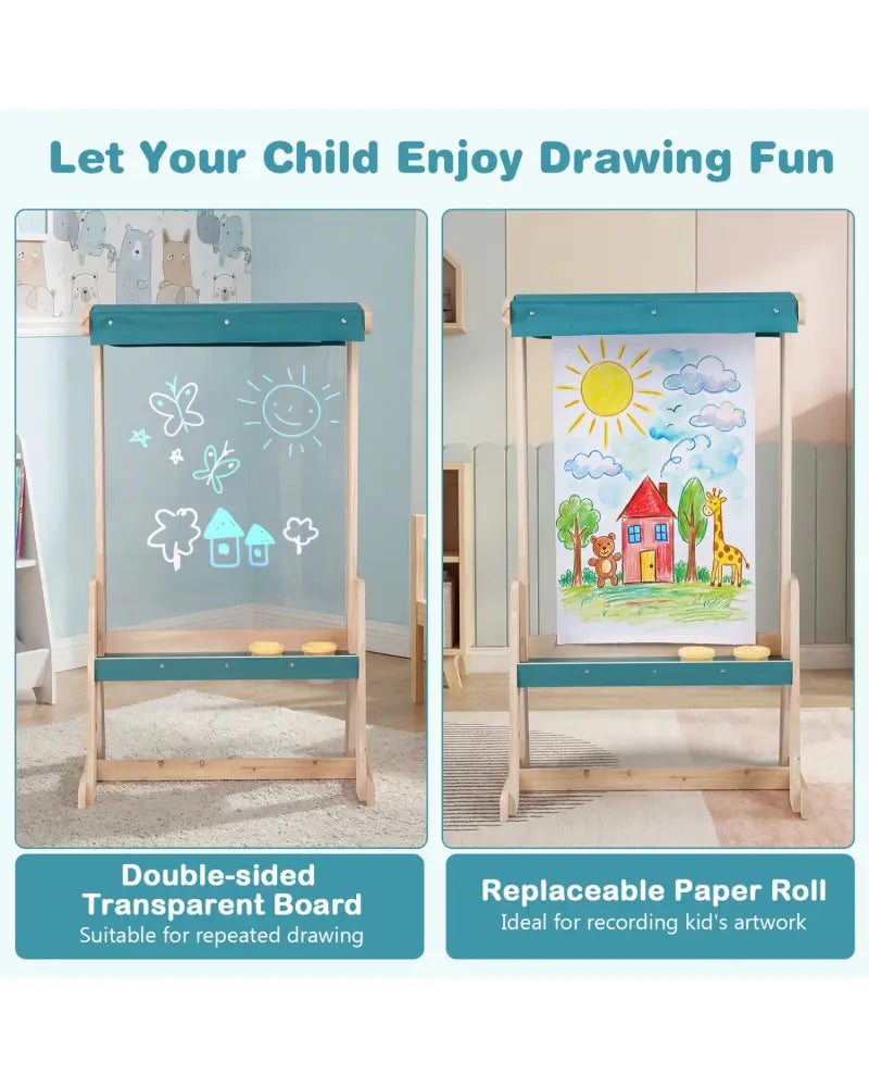 Wooden Art Easel for Kids with Transparent Board and Paper Roll-Natural - Natural - Art Easels