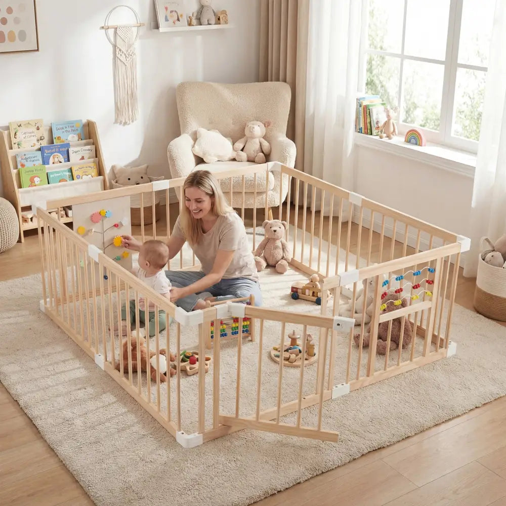 Wooden Baby Playpen Adjustable Large Play Yard for Infants-Natural - Natural - Baby Playpen & Playards