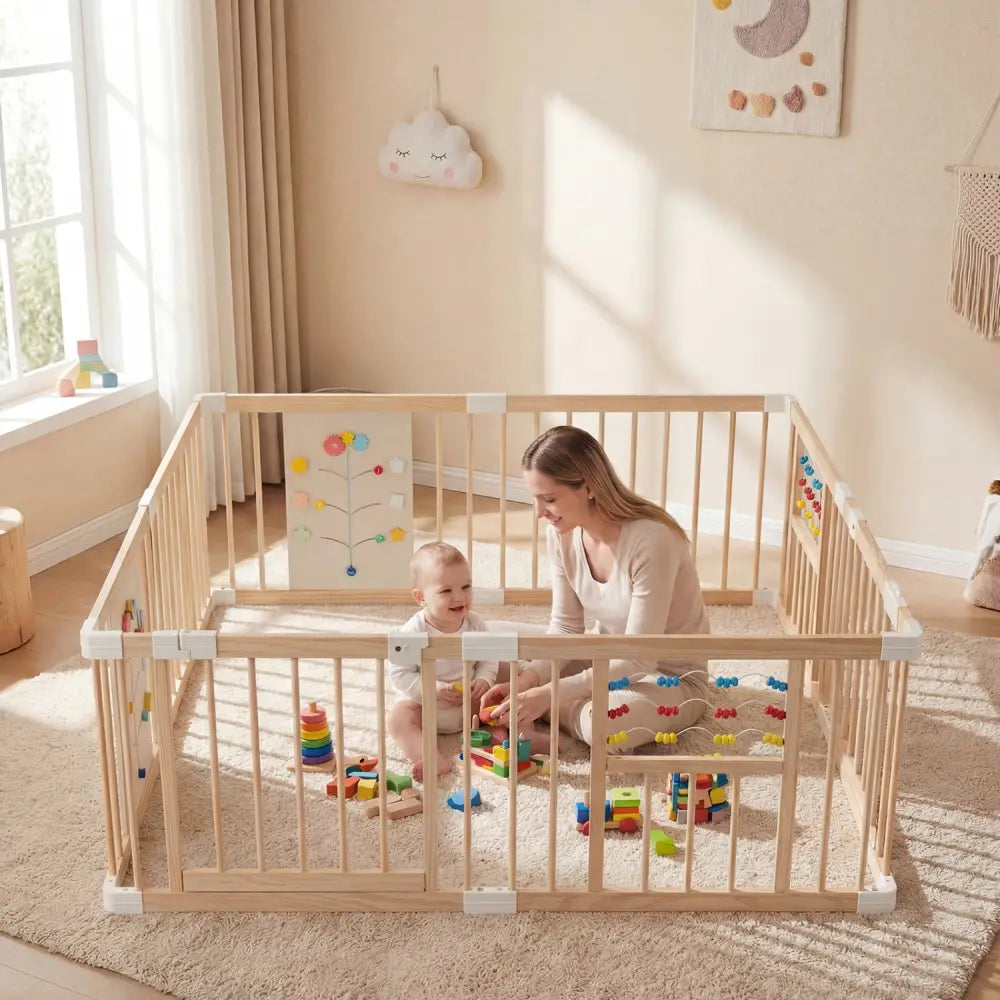 Wooden Baby Playpen Adjustable Large Play Yard for Infants-Natural - Natural - Baby Playpen & Playards