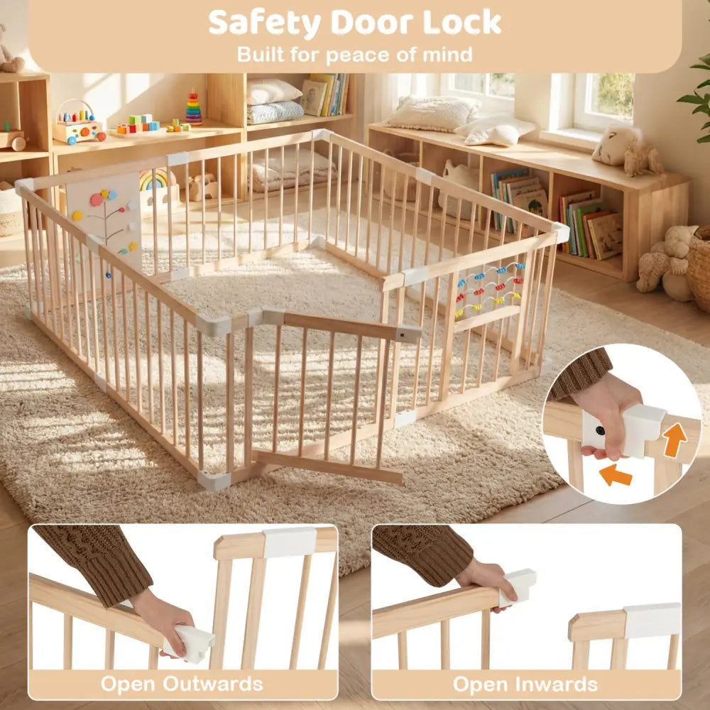 Wooden Baby Playpen Adjustable Large Play Yard for Infants-Natural - Natural - Baby Playpen & Playards