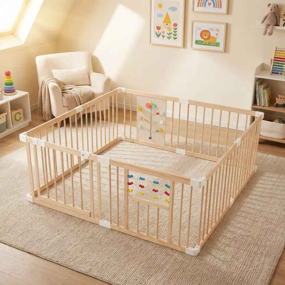 Wooden Baby Playpen Adjustable Large Play Yard for Infants-Natural - Natural - Baby Playpen & Playards