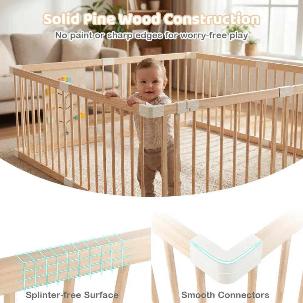 Wooden Baby Playpen Adjustable Large Play Yard for Infants-Natural - Natural - Baby Playpen & Playards
