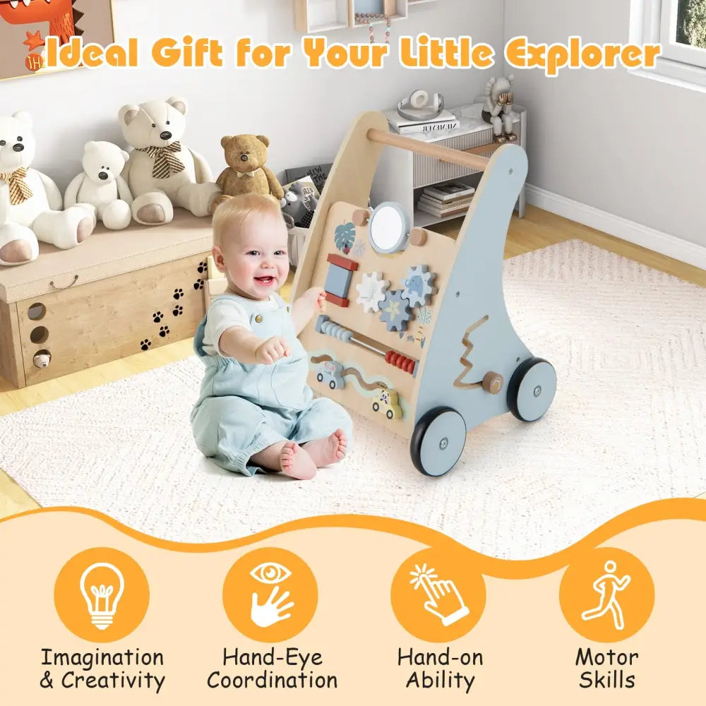 Wooden Baby Push and Pull Walker with Multi-Activity Learning Center - Blue - Baby Gyms & Playmats