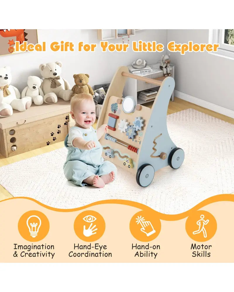 Wooden Baby Push and Pull Walker with Multi-Activity Learning Center - Blue - Baby Gyms & Playmats