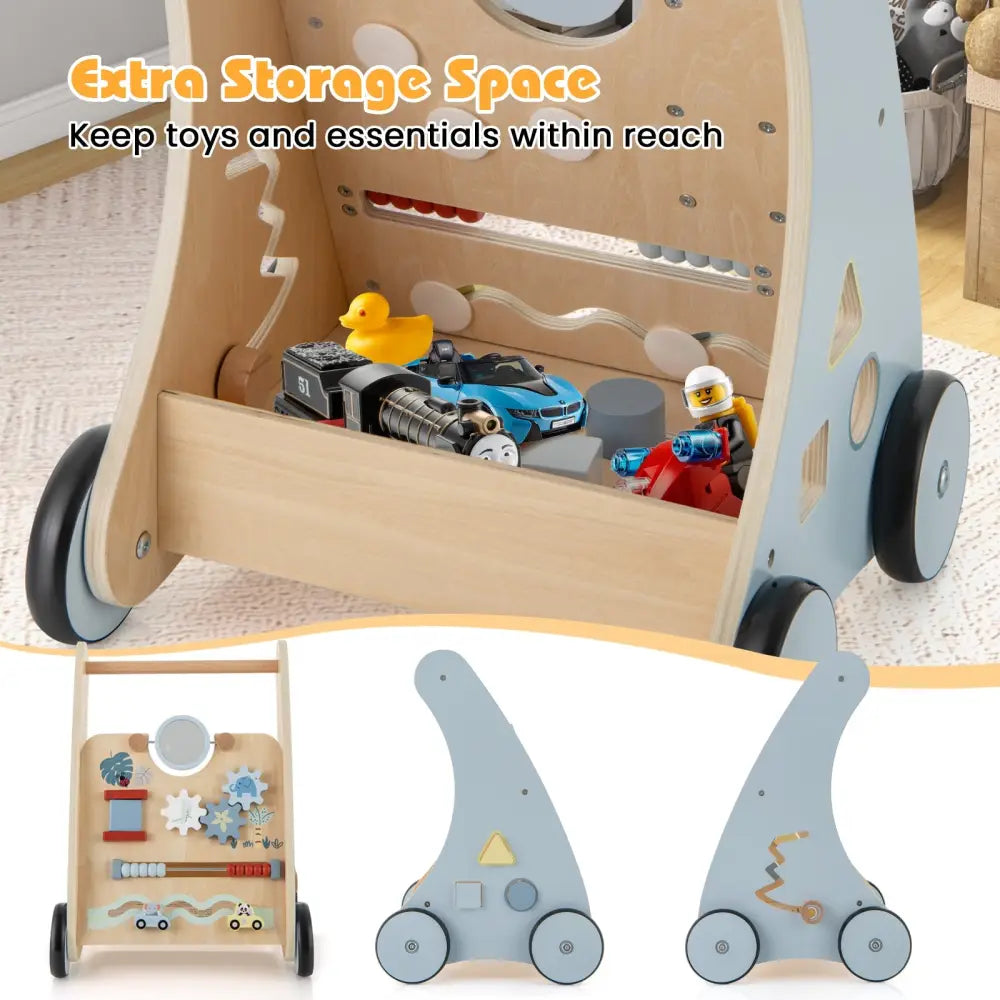Wooden Baby Push and Pull Walker with Multi-Activity Learning Center - Blue - Baby Gyms & Playmats