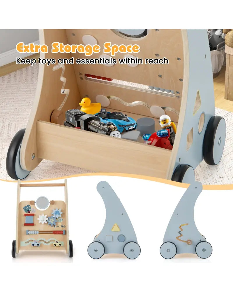 Wooden Baby Push and Pull Walker with Multi-Activity Learning Center - Blue - Baby Gyms & Playmats