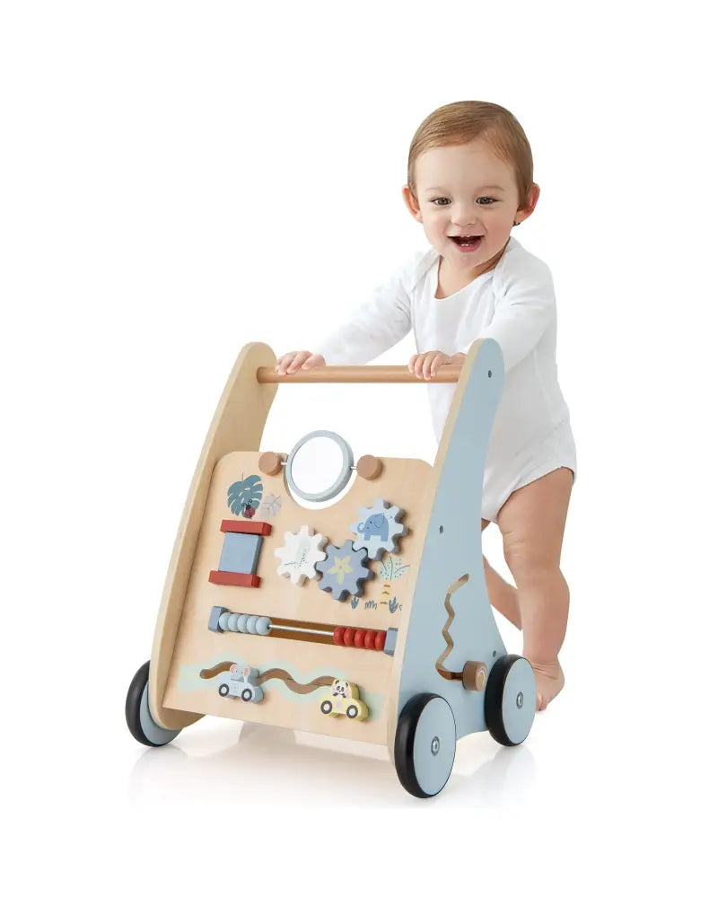 Wooden Baby Push and Pull Walker with Multi-Activity Learning Center - Blue - Baby Gyms & Playmats
