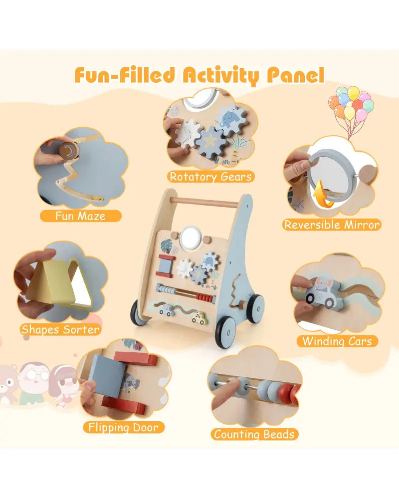 Wooden Baby Push and Pull Walker with Multi-Activity Learning Center - Blue - Baby Gyms & Playmats