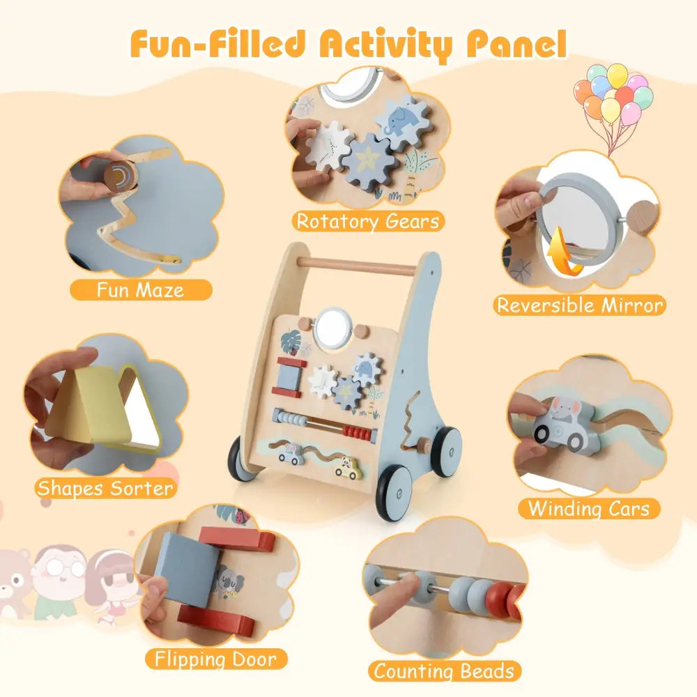 Wooden Baby Push and Pull Walker with Multi-Activity Learning Center - Blue - Baby Gyms & Playmats