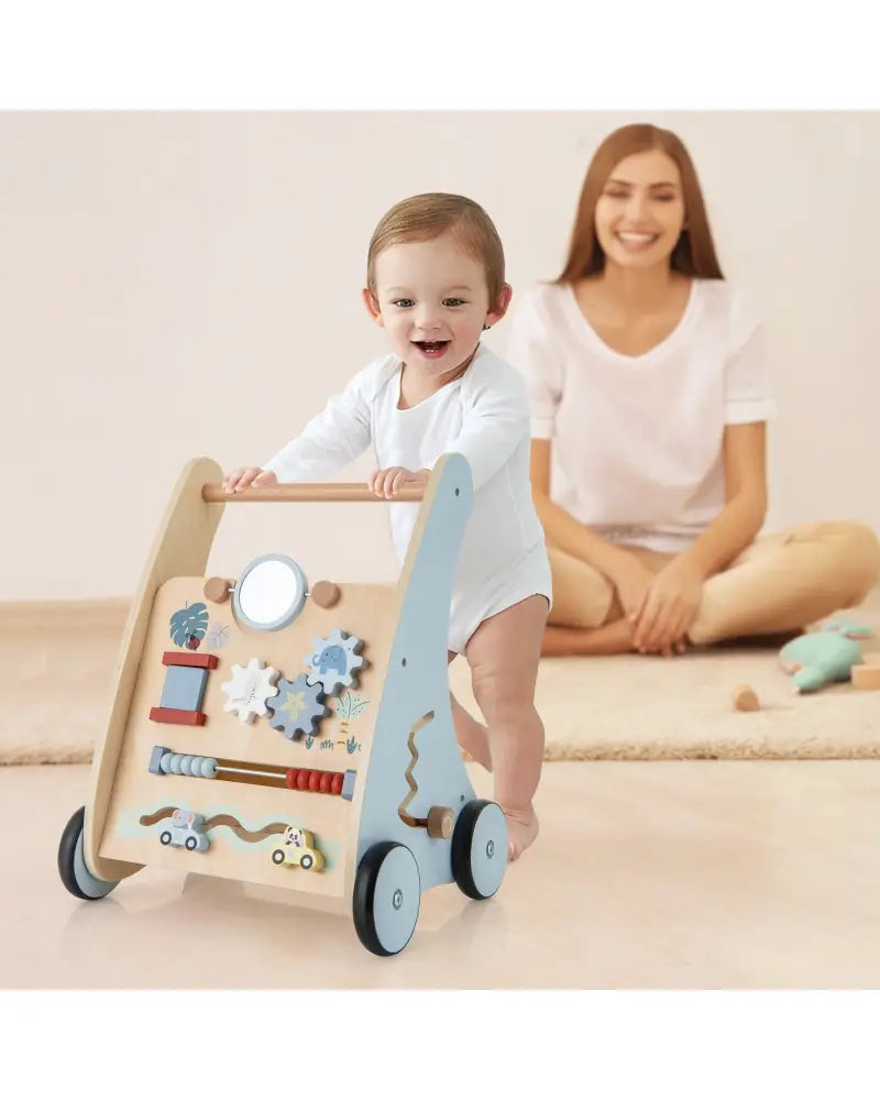 Wooden Baby Push and Pull Walker with Multi-Activity Learning Center - Blue - Baby Gyms & Playmats