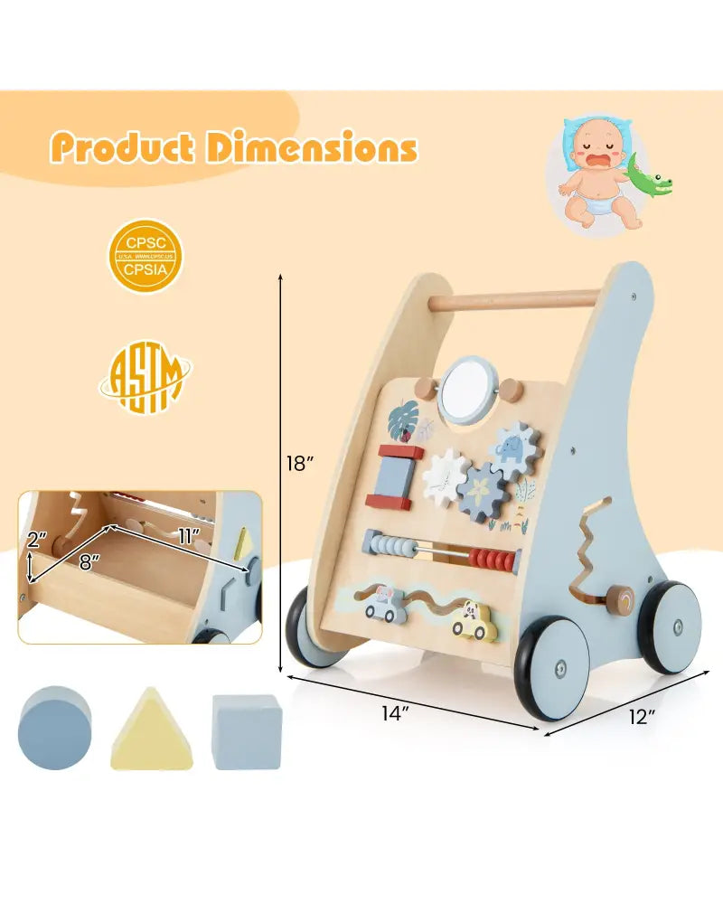 Wooden Baby Push and Pull Walker with Multi-Activity Learning Center - Blue - Baby Gyms & Playmats