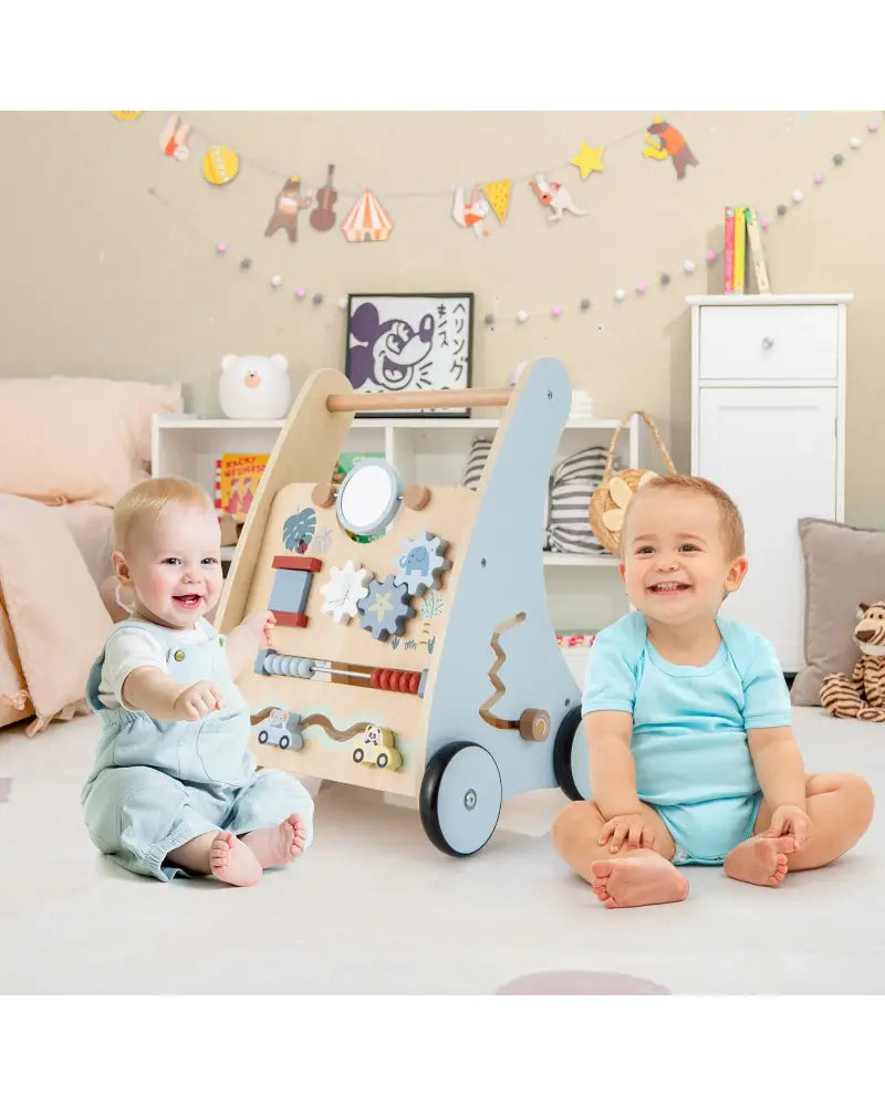 Wooden Baby Push and Pull Walker with Multi-Activity Learning Center - Blue - Baby Gyms & Playmats