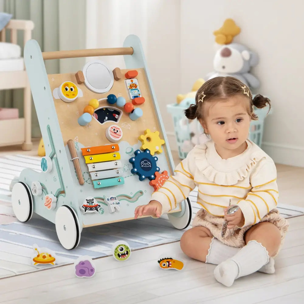 Wooden Baby Walker Push and Pull Learning Activity Center with Wheels for Toddlers 1+ Years Old-Green - Green - Baby