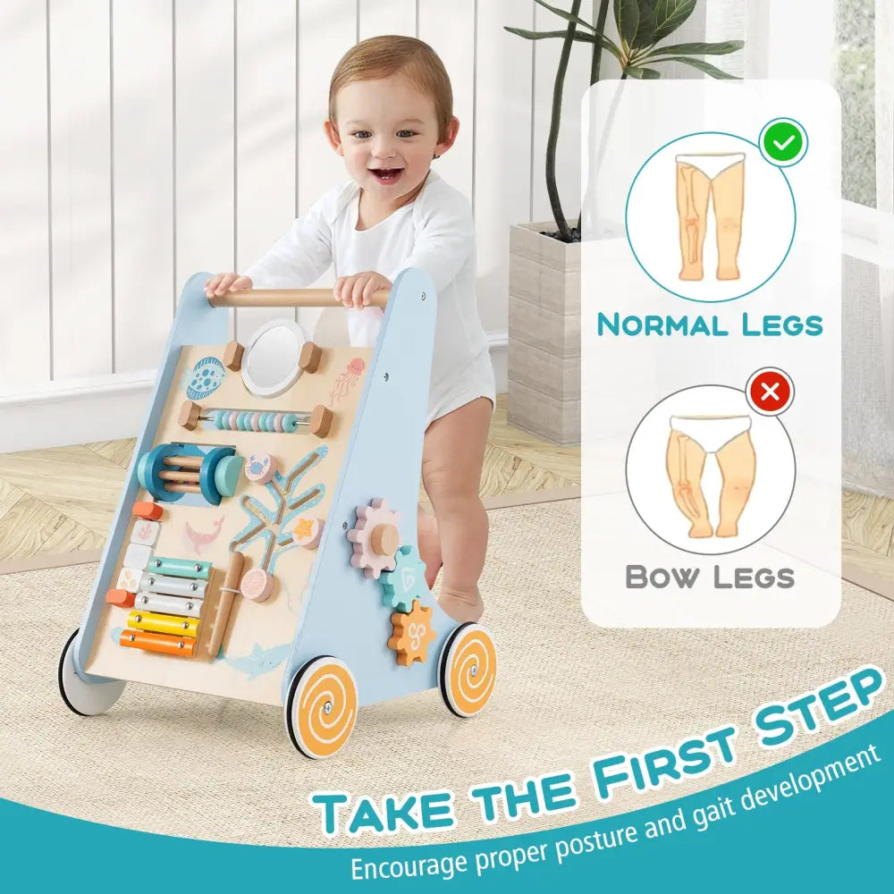 Wooden Baby Walker Push and Pull Learning Activity Center with Wheels-Blue - Blue - Baby Activity