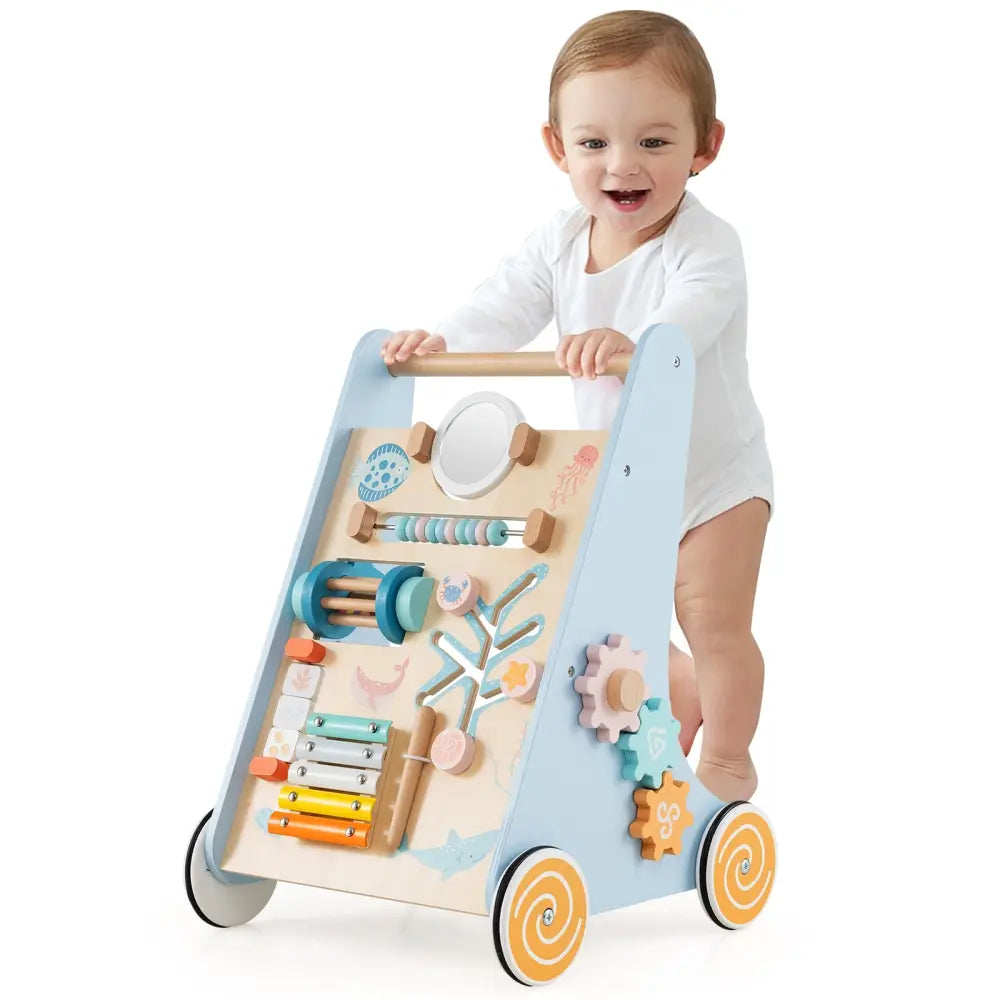 Wooden Baby Walker Push and Pull Learning Activity Center with Wheels-Blue - Blue - Baby Activity