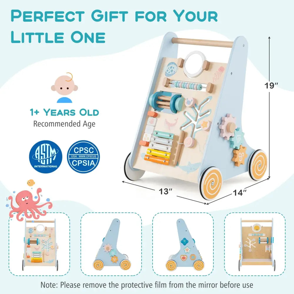Wooden Baby Walker Push and Pull Learning Activity Center with Wheels-Blue - Blue - Baby Activity